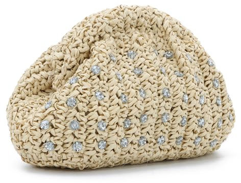 EVEOUT Straw Clutch with Rhinestone Women Summer Boho Raffia Beach Purse with Shoulder Chain Woven Dumpling Bag for Wedding Party Holiday