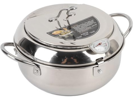 201 Stainless Steel Fryer Pot with Thermometer Lid Oil Drip Drainer Rack, Deep Frying Pot for Potato Chicken, Multifunctional (20cm)