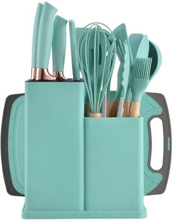 ASIAD Kitchen Knife Set 19 Pieces Kitchen Utensils Set Silicone Kitchen Gadgets Set of 12 Cooking Utensils, 5 Knives, Cutting Board and Holder, Dishwasher Safe,Green
