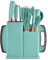 ASIAD Kitchen Knife Set 19 Pieces Kitchen Utensils Set Silicone Kitchen Gadgets Set of 12 Cooking Utensils, 5 Knives, Cutting Board and Holder, Dishwasher Safe,Green