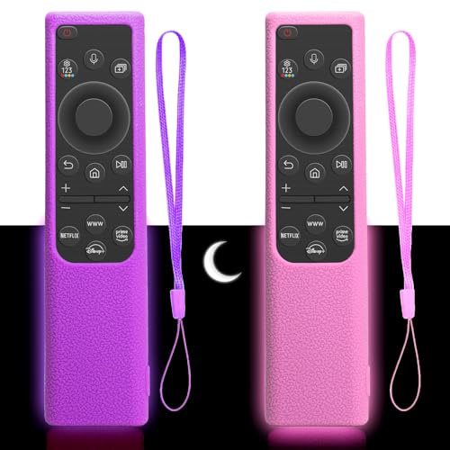 2er Set Silikon Schutzhülle für Samsung Fernbedienung BN59-01357/BN59-01385/BN59-01388A/01388H/01388L/BN59-01393C rutschfeste Fernbedienungshülle mit Nachtleuchtfunktion (Rosa+Lila)