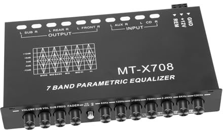 Ecualizador de Coche Negro 12v Metálico de 7 Bandas | Ajuste Preciso de Tono, Salida de Seis Canales, Entrada Auxiliar Externa, Diseño Compacto y Panel Simple