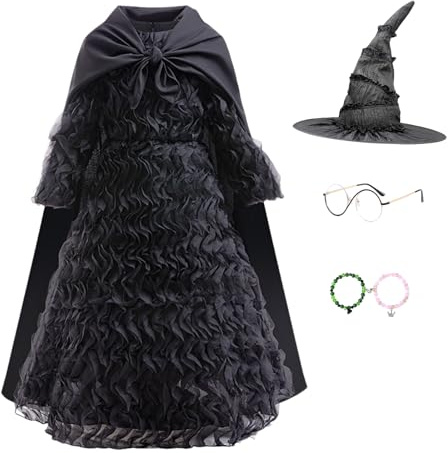 keaiyouhuo Kinder Hexenkostüm Kleid für Mädchen Halloween Cosplay Party | Hexenkostüm-Set für Mädchen in Schwarz mit Hut, Brille und Armbändern – weich und leicht, für Halloween und Cosplay .