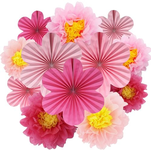 BestoFun 12er Set Papier Blumenfächer & Papierblumen Pompons Rose Rosa Pfirsich Hängende Girlande Dekoration für Hochzeit Geburtstagsfeier Gartenparty Tischdeko