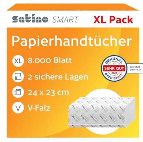 Satino by WEPA – 8.000 Papierhandtücher - 2 lagig - V-Falz - 24x23cm (gefaltet: 24 x 11,5 cm) - saugstark & fusselfrei - Handtuchpapier aus Recyclingpapier - Papiertücher für PT3, PT4