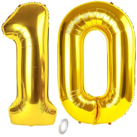 Balorise 40 Pouces Aluminium Ballon Géant Or Chiffre 10, Gonflable Hélium, Grand Numéro 0-9, 10-100 (101cm), Décoration de Doré Foil Ballons pour Fête d'anniversaire et Mariage