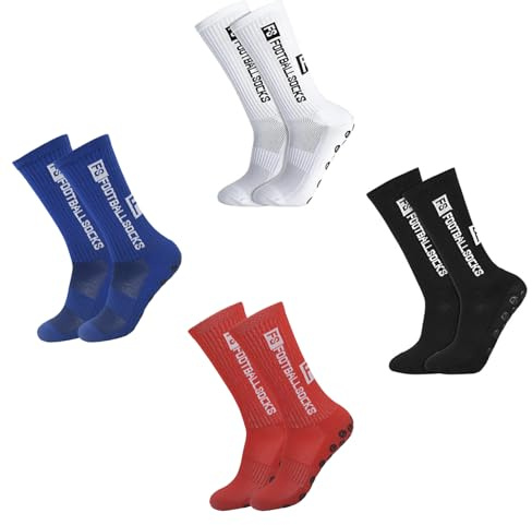 Duoleimi 4 Paare FS Football Socken Jungen Tapedesign Socken Fussball Fußball Socken Kinder 35-38 Anti Rutsch Stutzen Kinder Fußball FS Socks Für Fussball Basketball Laufen Rugby