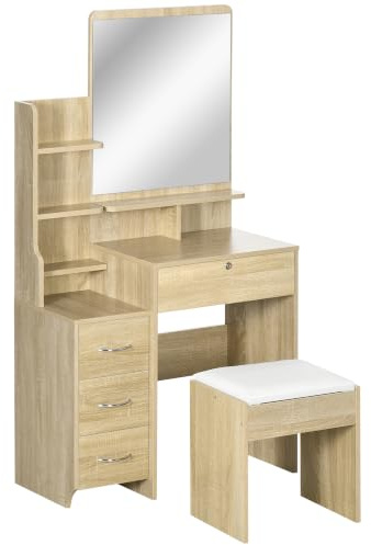 HOMCOM Postazione Trucco, Specchio Grande in Vetro Temperato, Colore Legno