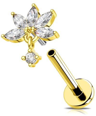 OUFER 16G Gold Lotus Helix Ohrring, Tragus-Piercing mit Innengewinde, Chirurgenstahl 316L, 1,2 mm, mit 5 baumelnden, runden Zirkonia im Marquise-Schliff, silberner Conch-Lippenstecker für Damen 6/8 mm