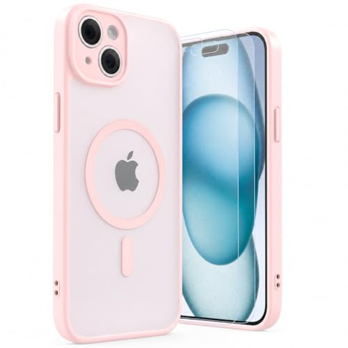 LUNOVATE for iPhone 15 Plus Case, Magnetic 14FT Military Shockproof Protective Cover, Anti-Slip Texture Translucent Matte Phone Case with 2 Screen Protector for iPhone 15 Plus - Pink Matte