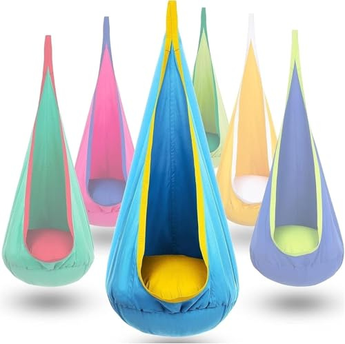 Hanging Hammock, Pod Swing Seat with Inflatable Cushion, Load Capacity up to 80 kg, Blue
