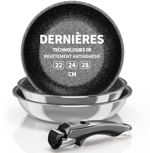 Kiseely Lot de 3 poêles inox amovibles, Poignée Restant Froide, Manche Amovible,Revêtement antiadhésif, Compatible Induction & Four, Lave Vaisselle (SW2)