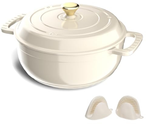 ROVSON Enamelled Cast Iron Dutch Oven, Casserole Dish with Lid (Ivory White, 6, Quarts)