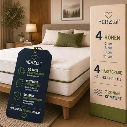 hERZtal Kaltschaummatratze, Weiß, 7-Zonen Komfort, 4 Härtegrade H2-H5, Höhen 12-21 cm, Waschbarer Bezug, Allergikergeeignet (90x200 c, H3, 21 cm)