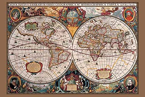 Maps 17th Century World Map Gold Landkarten Poster Topografische Weltkarte 91,5x61 cm + 2 St Posterleisten Alu 93,5 cm