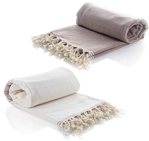 Pestemal Türkisches Hammam Handtuch-Set mit 2 aus 100% Baumwolle für Bad, Strand, Fitnessraum Schnelltrocknend Saugfähig, 100*180 cm, 435g, Fouta kompaktes Handtuch für Reisen, Wellness (Beige/Creme)