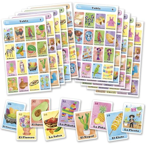 Loteria Fiesta - Juego de bingo en español, mexicano Fiesta Lotería para 10 jugadores, 10 tablas y mazo completo de cartas