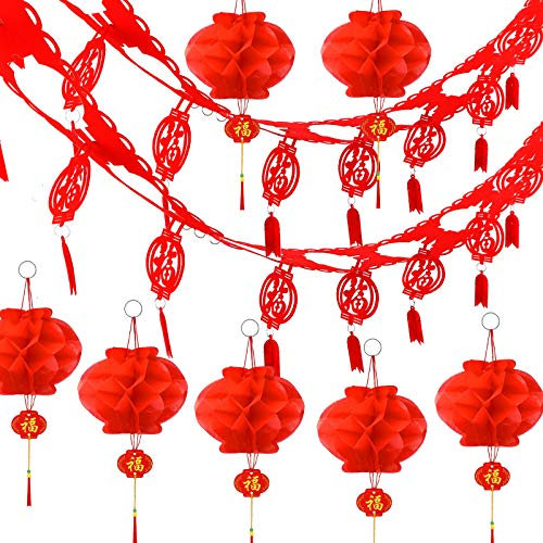 HOWAF Décoration Nouvel an Chinois 2024 Fu Zi Bannière Chinois Garland et 10pcs Rouge Lanterne Chinoise Lanterne Papier pour Deco Nouvel an Chinois 2024