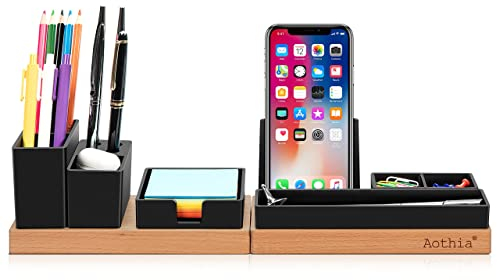 Aothia Schreibtisch Organizer Tischorganizer Holz-Büro Organizer-Verstellbarer Stifthalter, Telefonständer, Haftnotizen,Bleistiftschale, DIY-Dekoration-Tisch Organizer,Schwarz