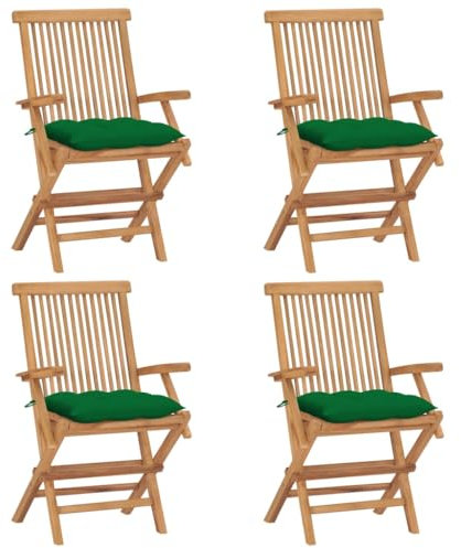 vidaXL 4X Teak Massiv Gartenstuhl mit Grünen Kissen Armlehnen Essstuhl Klappstuhl Stuhl Stühle Gartenstühle Holzstuhl Balkonstuhl Terrassenstuhl