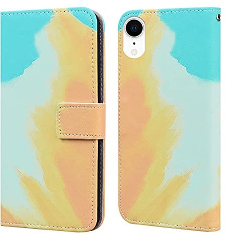 Flip phone case for Iphone XR PU Leather Wallet Card Slots Flip Case Watercolor Gradient Ramp Graffiti Art Printing with Stand Function Magnetic Protective Cover (Yellow Cyan)