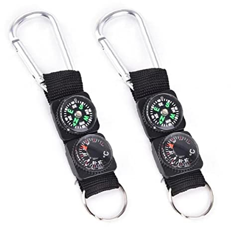 PiniceCore 2 Stücke 3 in 1 Camping Klettern Wandern Mini Carabiner Keychain Kompass Thermometer Aufhänger Schlüsselanhänger