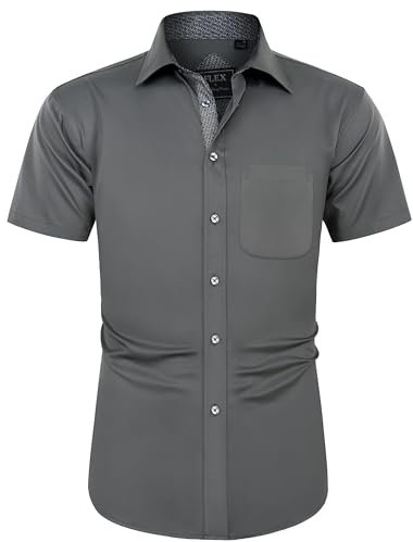 J.VER Men's Shirt Short Sleeve Regular Fit Casual Formal Dress Shirt Button Down Wedding Business Work Office Stretch Non Iron Grey XL