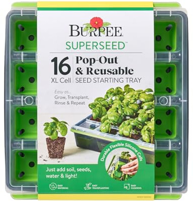 Burpee SuperSeed Seed Starting Tray | 16 XL Cell | Reusable & Dishwasher Safe | for Starting Vegetable Seeds, Flower Seeds & Herb Seeds | Indoor Grow Kit for Deep-Rooted Seedlings, Green