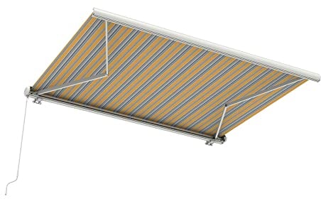 paramondo Markise Kassettenmarkise Curve 2000 Gelenkarmmarkise Balkon Terrasse Sichtschutz, mit jarolift Funkmotor & Funkhandsender, 395 x 300 cm, Gestell Weiß, Stoff Multi Gelb-Blau-Grau