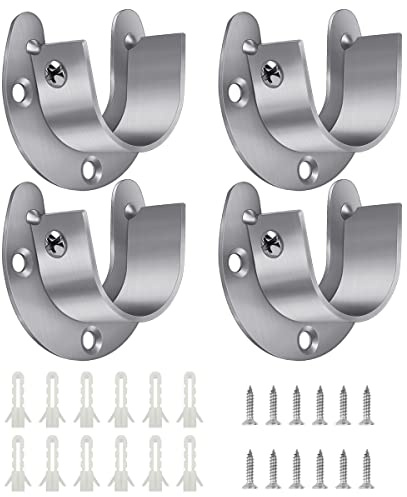 4 Packs Stainless Steel Wardrobe Bracket U-Shaped Rod Socket Flange 1-1/4 Diameter Heavy Duty Closet Rod Brackets End Supports for Closet Rod with Screws (Silver)