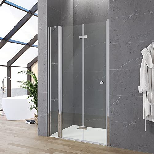 Duschtür Nische faltbar Falttür Nischentür Dusche 110 cm Duschabtrennung Glas Pendeltür Schwingtür Duschkabine mit Duschablage aus 5mm ESG Sicherheitsglas Verstellbereich von 107,5-110 cm Höhe 187 cm