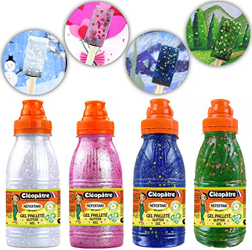 CLEOPATRE Lot de 4 Gels Pailletés décoratifs au Format de 250 ML (Neige, Cœur, Prairie, Nuit étoilée), Plastique, Multi, 250ml