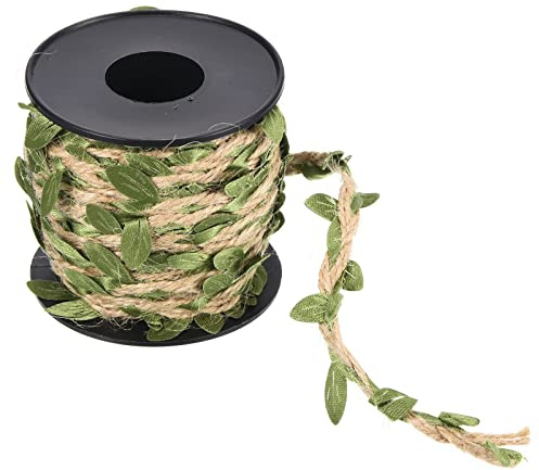 PATIKIL 33ft 5mm Burlap Leaf Ribbon, Braided Decoration Vine Natural Jute Rope Twine with Artificial Leaves for Jungle Wedding Party Home Garden Decor, Green