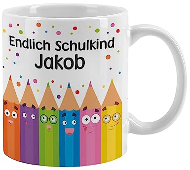 Striefchen® Tasse Geschenk Einschulung 2025 - Endlich Schulkind - mit Namensaufdruck Stifte