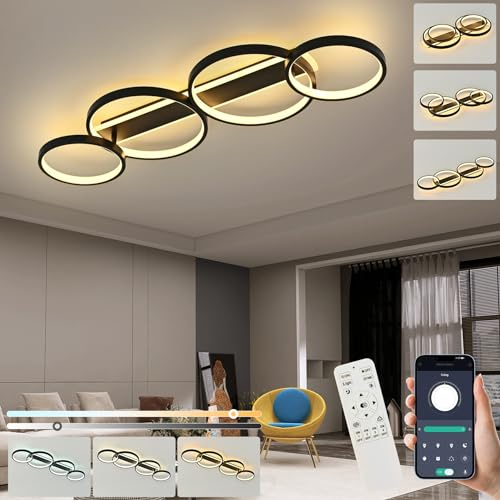LED Deckenlampe,Einstellbar Ringform Wohnzimmerlampe 4 Flammig mit unteres Glühen,60W Dimmbar Mit Fernbedienung Deckenleuchte,3000K-6000K Kronleuchter für Schlafzimmer Wohnzimmer Büro,Schwarze 86cm