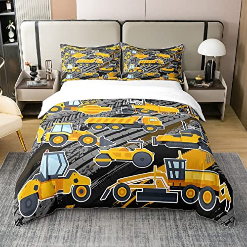 100 Prozent Baumwolle Kinder Bagger Bettbezug für Jungen 135x200,Jungen Traktor Bettwäsche Set,Gelbe Cartoon Auto Tröster Abdeckung für Kinder Mädchen,Baustelle Auto Bett Sets mit1 Kissenbezug