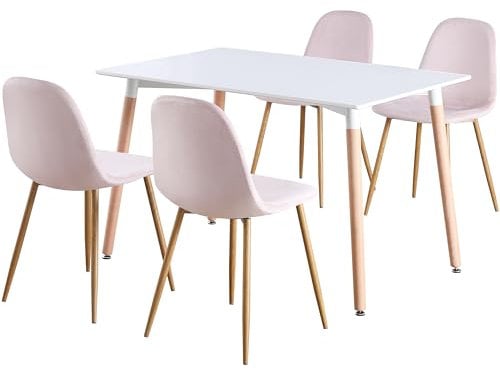 Charles Jacobs Rectangular 4 Seat Round Dinner Table and Chair Scandi Kitchen Dining Room Set - White Table & Pink Velvet Chairs