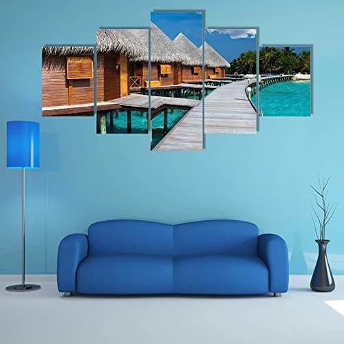 Leinwandbild 5-Teilig Holzhaus Strand Am Meer (Xxl/Ohne Rahmen 200 X 100 Cm) Bild Wanddeko Wand Bild Kunstdruck Deko Wohnzimmer Wohnzimmer Schlafzimmer Büro Hotel Wandkunst Wandbild Poster -1Y1C-P1C