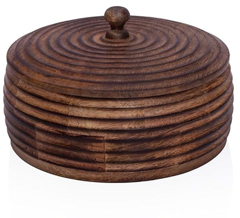 Handcrafted Wooden Mexican Tortilla Warmer Basket Indian Chapati Roti Bread Holder Box Pancake Keeper Serveware Hot Pot Casserole Dish With Lid Home Kitchen Dining Decor, Antique Brown, 23 x 7 cms