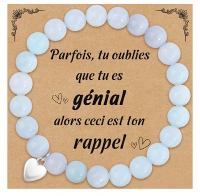 CheersLife Bracelet Pierre Naturelle Femme Bracelet avec Pendentif en Cœur Cadeau Anniversaire Femme Bracelets Perle Original Cadeau pour Maman Fille Soeur Amie Couple (Aigue-Marine)