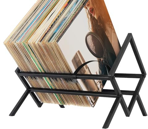 Pomurom Vinyl Record Storage Holder Stand, Metal Display Rack, Holds up to 100 LP, CDs Album Holder, Desktop Display Shelf for Records, Books, Magazines