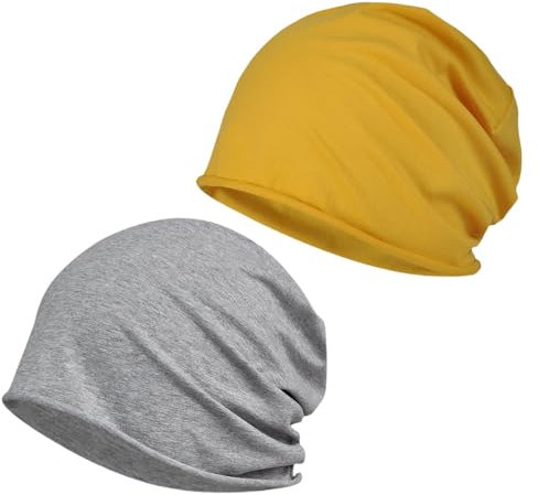 scicent Mens Beanie Hat 2 Pieces Unisex Beanie Skull Cap Cuffed Hat Soft Chemo Headwear Slouch Beanie Hat for Women and Men (Yellow+Grey) - 24410