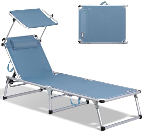 Homecall Lettino prendisole con tetto, leggero, pieghevole, in alluminio, schienale regolabile in 5 posizioni, 190 x 60 cm, tetto parasole, fino a 136 kg (con tettuccio parasole)