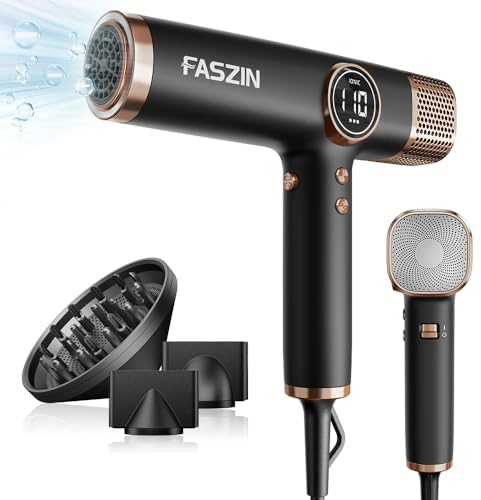 Faszin Secador de Pelo Profesional, Secador Rápido Ligero,Motor 110,000 RPM, Secador Pelo Iónico de 200 Millones para Mujeres y Hombres, Secador Pelo Silencioso, con 3 Boquillas Magnéticas (Negro)