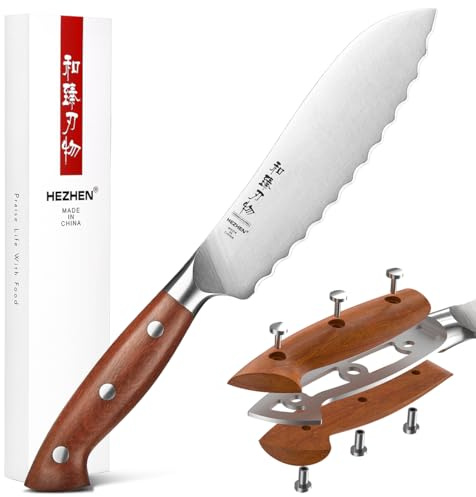 HEZHEN Tomato Knife, 6.1 Inches, Germany 1.4116 Stainless Steel, Sharp Serrated Slicing, Serrated Kitchen Knife, Red Wood Handle, Gift Box Packing