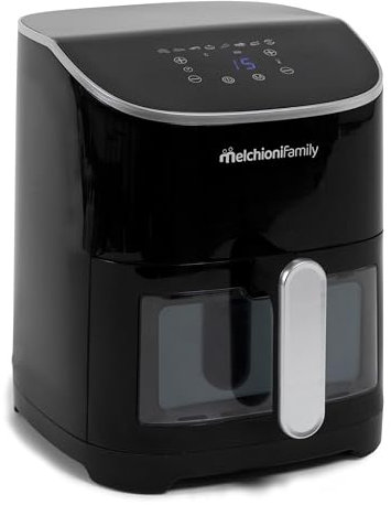 Melchioni Family | Friggitrice ad Aria EMMA, Capacità 5 litri, Display Touch Screen e Timer, Finestra Trasparente, Air Fryer Senza Olio con 8 Programmi, 50-200°, 1600 W, Colore Nero