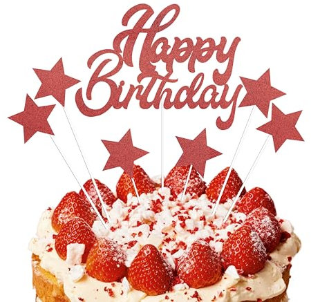 EKAM Glitter Red Cake Topper Set Happy Birthday with Star Sticks Cupcake Cake Topper Birthday Party Cake Decor for Him/her Kids Girl Boy Men Women Party Cake Supplies - 7Pcs (Red)