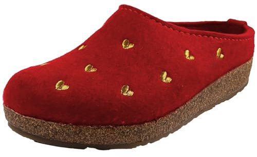 HAFLINGER Damen Pantoffel Filz Hausschuh Herz Stickerei Grizzly Cuoricini 741031, Größe:41 EU, Farbe:Rot