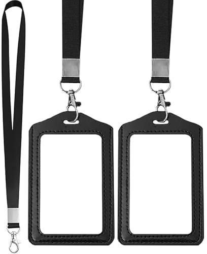 KGDUYC 2 Pièces Double Face Transparent Porte Badge, Porte Badge Tour de Cou, avec Lanière en Nylon, pour le travail, Affaires, Bus, Pass, Noir