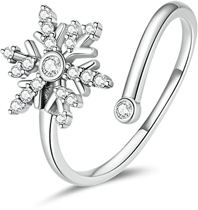 Qings Schneeflocken Ring für Damen 925 Sterling Silber Weihnachts Offener Verstellbarer Snowflake Zirkonia Ring Weihnachtsschmuck Geschenke für Familie Mutter
